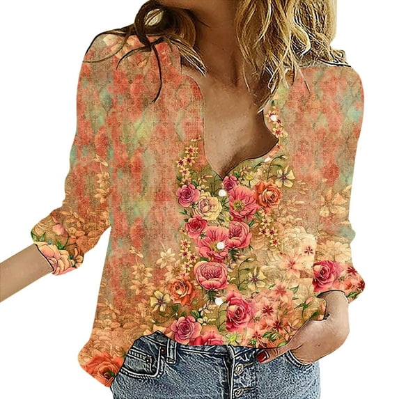 Jxximdong Button Up Shirts Women Womens V Neck Roll Up Sleeve Down Blouses Tops Orange Spring Tops XL