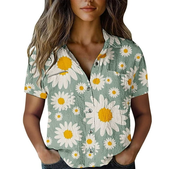 Jxximdong Button-up Shirts for Women Cotton Shirt Printed Fashion Down Shirts Casual Tops Short Sleeve Blouse Spring Tops