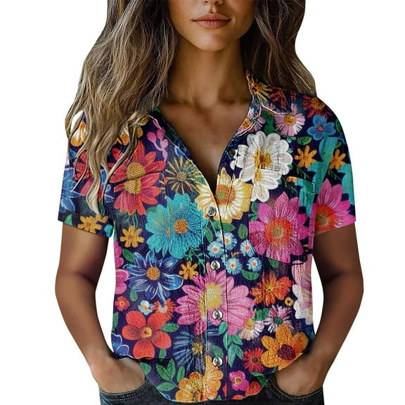 Jxximdong Button-up Shirts for Women Cotton Shirt Printed Fashion Down Shirts Casual Tops Short Sleeve Blouse Spring Tops