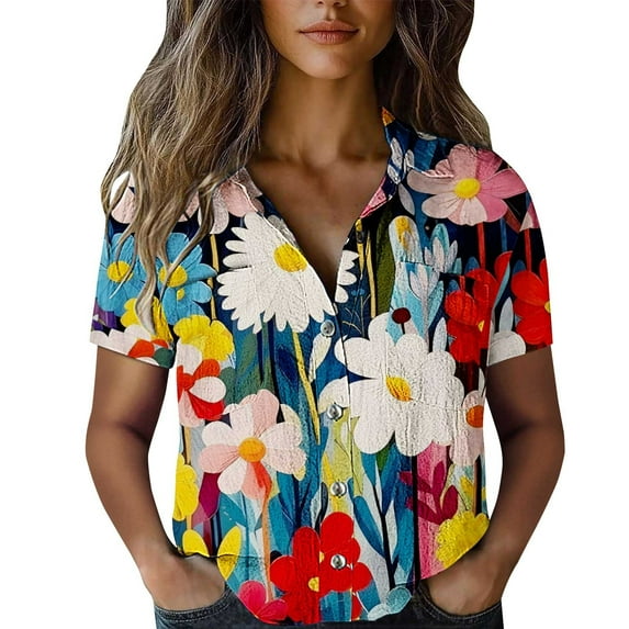 Jxximdong Button-up Shirts for Women Cotton Shirt Printed Fashion Down Shirts Casual Tops Short Sleeve Blouse Spring Tops