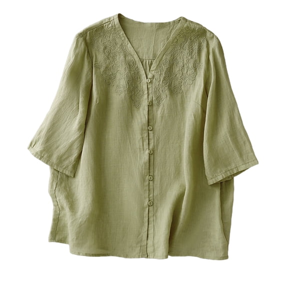 Jxximdong Button Down Shirts for Women, Retro OL Design Sensor Sleeve and Cotton Edge Thin Top Female Shirt Summer, Green Women's Blouses
