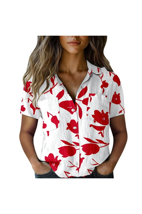 Button-up Shirts for Women Vintage Boho Tops Floral Print Shirt Casual Short Sleeve Button Up Blouses Ethnic Tshirts Tops Spring Tops