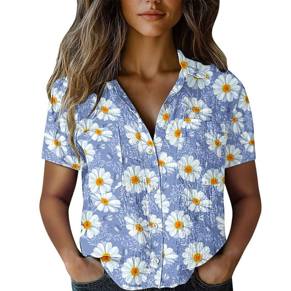 Jxximdong Button-up Shirts for Women Women Cotton Shirt Printed Fashion Down Shirts Casual Tops Short Sleeve Blouse Spring Tops