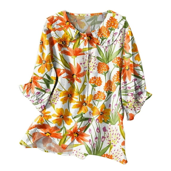 Jxximdong Button-up Shirts for Women Women Vintage Floral Art Print Collar Half Sleeve Blouses Spring Tops