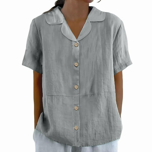 Jxximdong Button-up Shirts for Women Women's Cotton And Linen Summer Casual Collar Short Sleeved Blouse Spring Tops