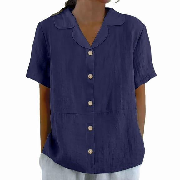 Jxximdong Button Down Shirts for Women, Women's Cotton and Linen Summer Casual Collar Short Sleeved Blouse, Blue Women's Blouses