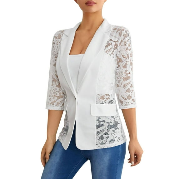 Jxximdong Button-up Shirts for Women Women's Lace Long Sleeve Single Button Floral Mesh Lapel Neck Open Front Elegant Jacket Spring Tops