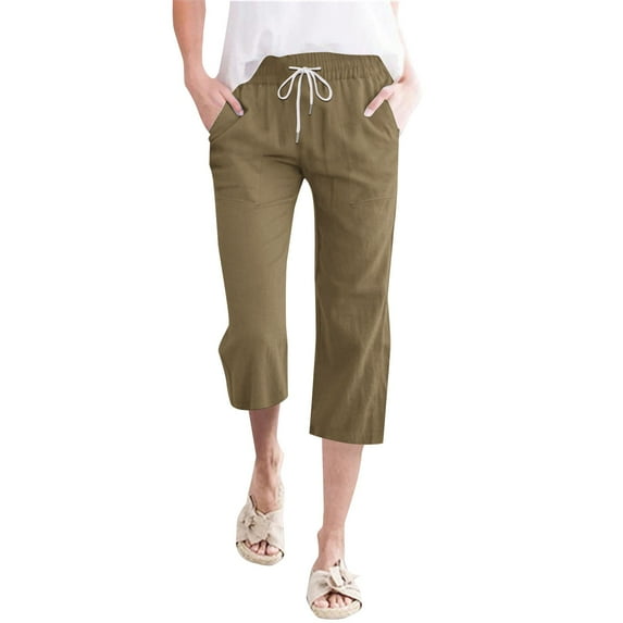 Jxximdong Capris Pants for Women, Fashion Comfy High Waist Wide Leg Pants Drawstring Elastic Straight Leg Pants with Pockets, Brown Womens Casual Trousers