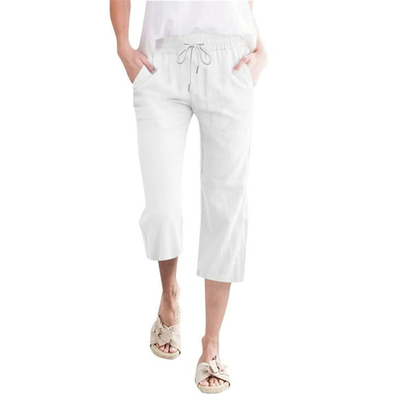 Jxximdong Capris Pants for Women, Fashion Comfy High Waist Wide Leg Pants Drawstring Elastic Straight Leg Pants with Pockets, White Womens Casual Trousers