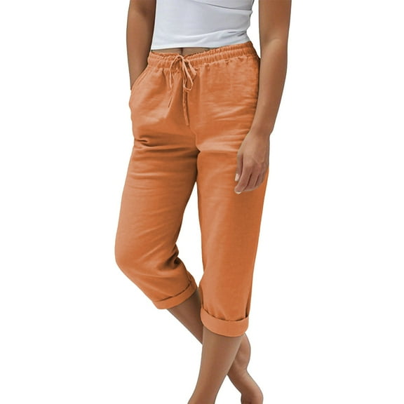 Jxximdong Capris Pants for Women, Fashionable and Casual Summer Elastic High Waist Plain Cotton and Linen Loose Trousers, Orange Women's Cropped Pants