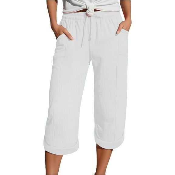 Jxximdong Capris Pants for Women, Lightweight Linen 3/4 Muslin Trousers with Pockets Causal Loose Elastic Comfortable Pants, White Women's Cropped Pants