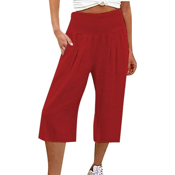Jxximdong Capris Pants for Women, Cotton and Linen Solid Elastic Waist Cropped High Waist Casual Pants Sweatpants, Red Women's Cropped Pants