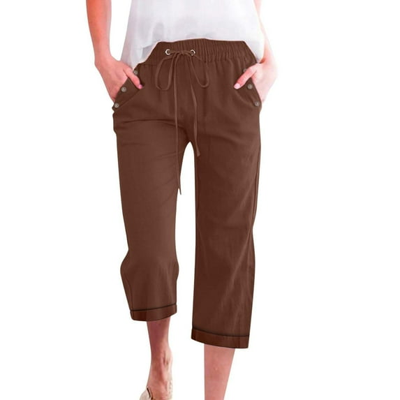 Jxximdong Capris Pants for Women, Fashion Casual Loose Drawstring Drawstring Solid Color Large Size Three Quarter Pants, Brown Women's Cropped Pants