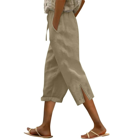 Jxximdong Capris Pants for Women, Linen Wide Leg Pants Casual Loose High Waist Beach Haren Pants Pockets, Yellow Women's Cropped Pants