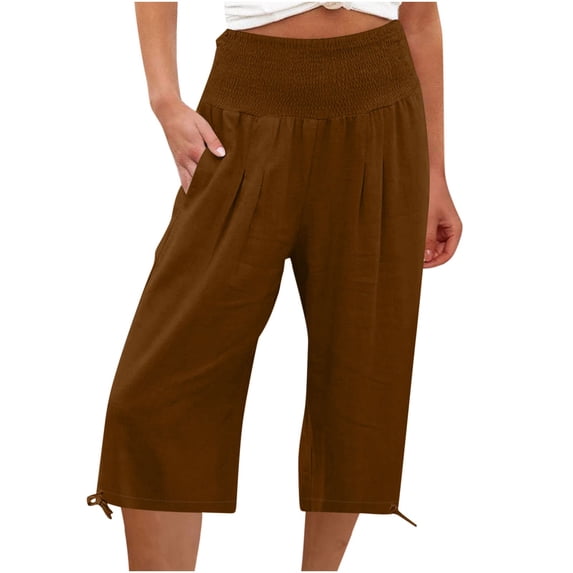 Jxximdong Capris Pants for Women, Solid Color Drawstring Cotton Linen Casual Pants Leg Drawstring 7 Points Casual Pants, Brown Women's Cropped Pants