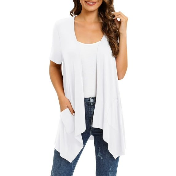 Jxximdong Cardigans for Women, Floral Short Sleeve Cardigans Casual Drape Lightweight Summer Open Front Coat with Pocket, Women's Bolero Shrugs White