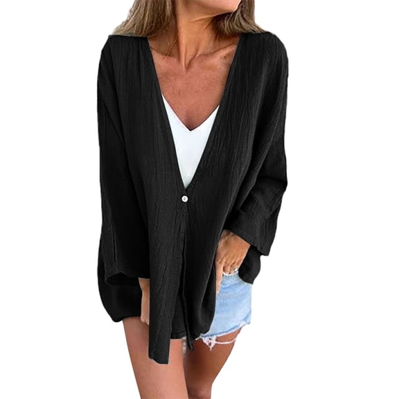 Jxximdong Cardigans for Women, Loose Blouse Long Sleeve V Neck Button Down Casual Tops, Women's Bolero Shrugs Black