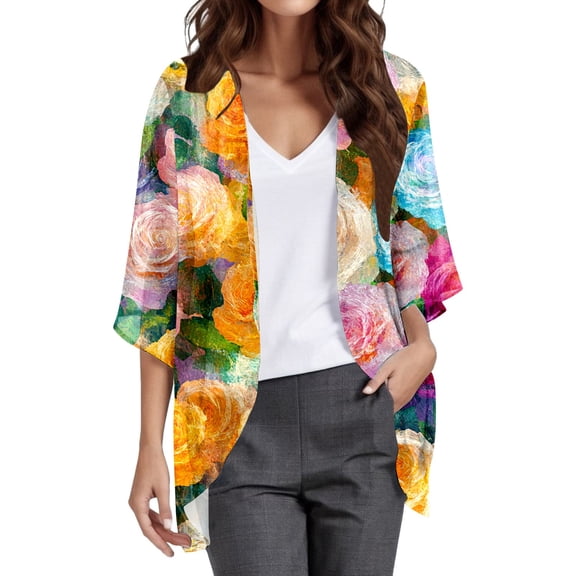 Jxximdong Cardigans for Women, Print Puff Sleeve Trendy Lightweight Cardigan Loose Cover Up Casual Blouse Tops, Women's Bolero Shrugs Yellow