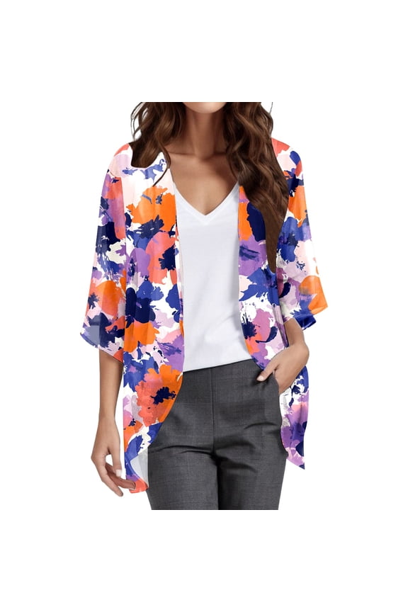 Cardigans for Women, Print Puff Sleeve Trendy Lightweight Kimono Cardigan Loose Cover Up Casual Blouse Tops, Women's Bolero Shrugs Orange