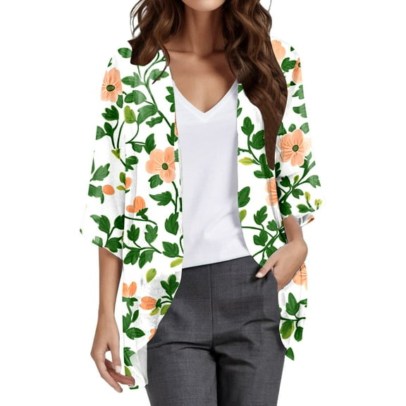 Jxximdong Cardigans for Women, Print Puff Sleeve Trendy Lightweight Kimono Cardigan Loose Cover Up Casual Blouse Tops, Women's Bolero Shrugs White