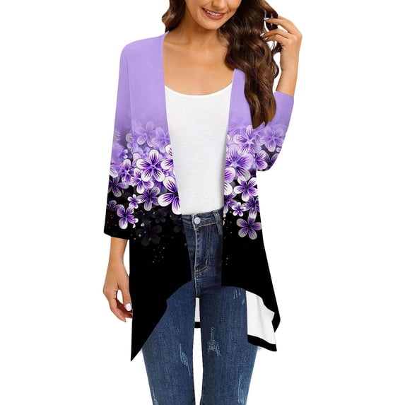 Jxximdong Cardigans for Women, Solid Color Fashion Casual 3/4 Sleeves Cardigans, Women's Bolero Shrugs Purple