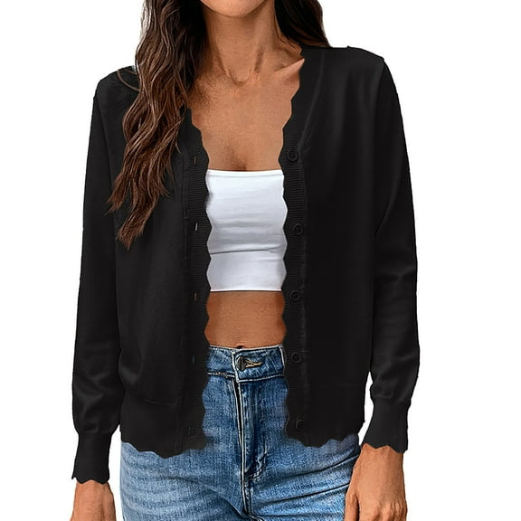 Jxximdong Cardigans for Women, Solid Color V Tie with Lace Buttons Imitation Ice Long Sleeved Knitted Cardigan, Women's Bolero Shrugs Black
