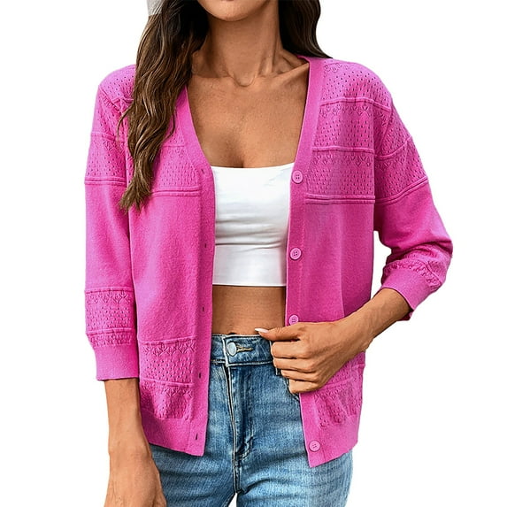 Jxximdong Cardigans for Women, V Neck Solid Color Thin Cut Hollow Knitted Shawl Seven Quarter Sleeve Cardigan, Women's Bolero Shrugs Pink