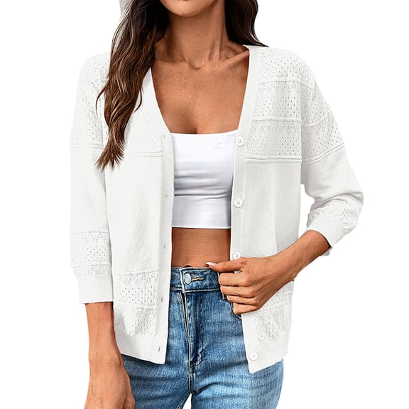 Jxximdong Cardigans for Women, V Neck Solid Color Thin Cut Hollow Knitted Shawl Seven Quarter Sleeve Cardigan, Women's Bolero Shrugs White