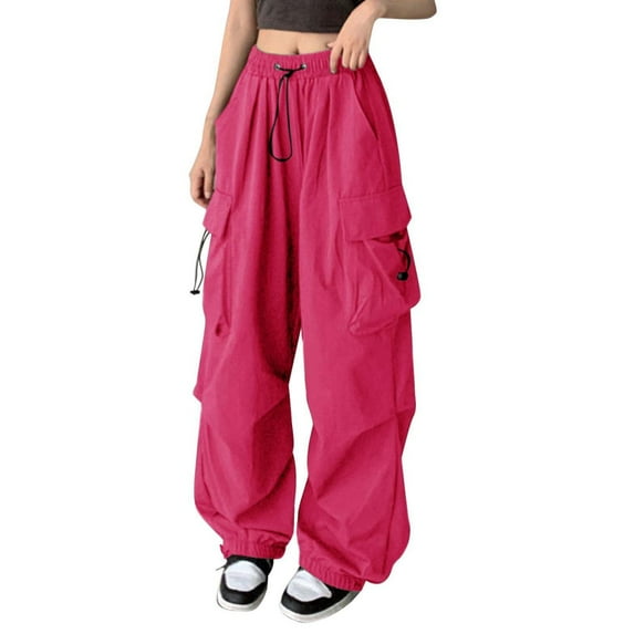 Jxximdong Cargo Pants for Women, Baggy Wide Leg Cargo Pants Hip Hop Streetwear Leisure Elastic Oversized Vintage Trousers, Pink Womens Casual Trousers
