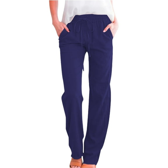 Jxximdong Cargo Pants for Women, Cotton Linen Pants Lightweight Summer Relax Fit Elastic Waist Plus Size Solid Long Trousers, Blue Womens Casual Trousers