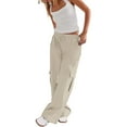 thumbnail image 1 of Jxximdong Cargo Pants for Women, Daily Elastic Waist Pockets Straight Plain Casual Pants Loose Pockets Cargo Long Trousers, Beige Womens Casual Trousers, 1 of 9