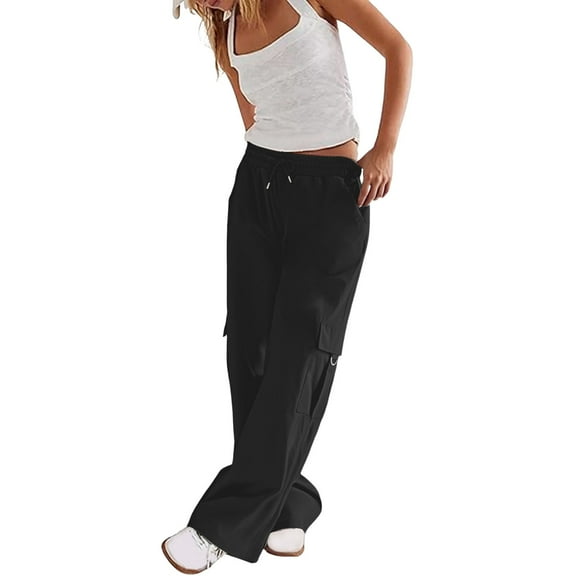 Jxximdong Cargo Pants for Women, Daily Elastic Waist Pockets Straight Plain Casual Pants Loose Pockets Cargo Long Trousers, Black Womens Casual Trousers