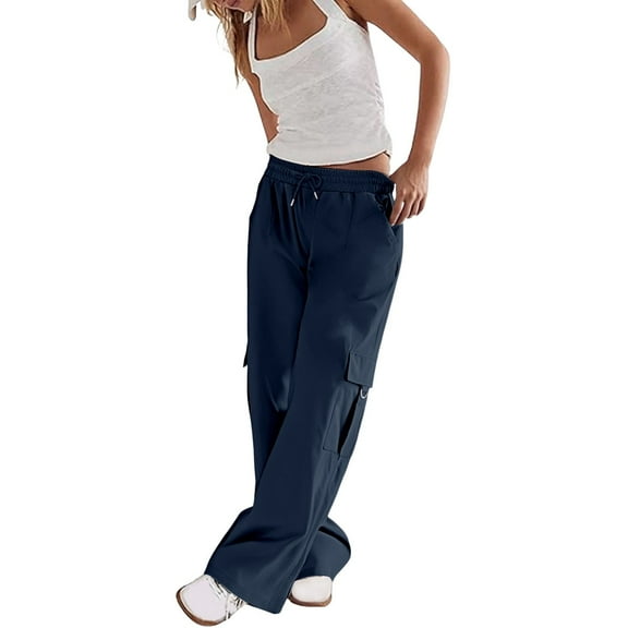 Jxximdong Cargo Pants for Women, Daily Elastic Waist Pockets Straight Plain Casual Pants Loose Pockets Cargo Long Trousers, Blue Womens Casual Trousers