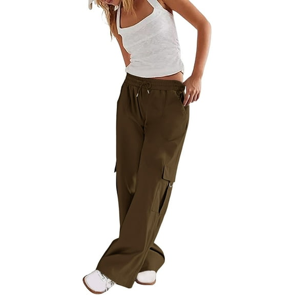 Jxximdong Cargo Pants for Women, Daily Elastic Waist Pockets Straight Plain Casual Pants Loose Pockets Cargo Long Trousers, Brown Womens Casual Trousers