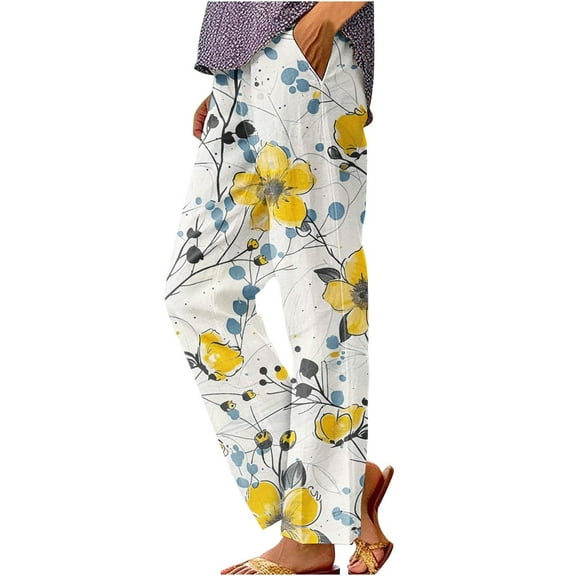 Jxximdong Cargo Pants for Women, Botanical Floral Design Loose Pocket Patchwork Casual Pants, Yellow Womens Casual Trousers