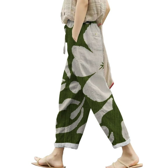 Jxximdong Cargo Pants for Women, Elasticated Belt High Waist Pocket Autumn Linen Print Casual Pants, Yellow Womens Casual Trousers