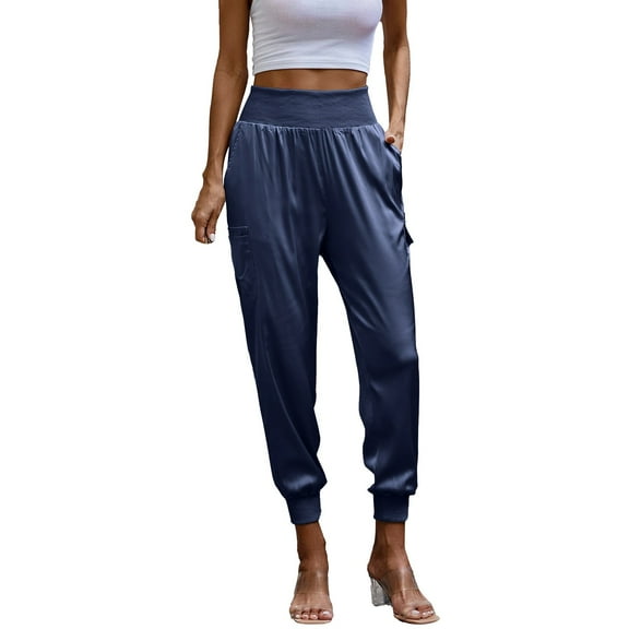 Jxximdong Cargo Pants for Women, Satin Elastic Waist Pocket Trousers Casual Pants, Blue Womens Casual Trousers