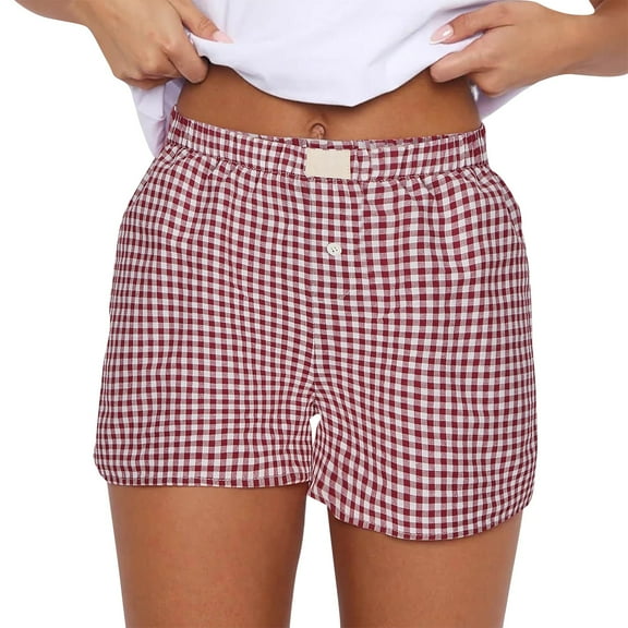 Jxximdong Cargo Shorts for Women, Cute Soft Elastic Low Waist Plaid Print Button Front Pajama Bottoms Boxer Shorts Sleepwear, Red Women's Casual Shorts