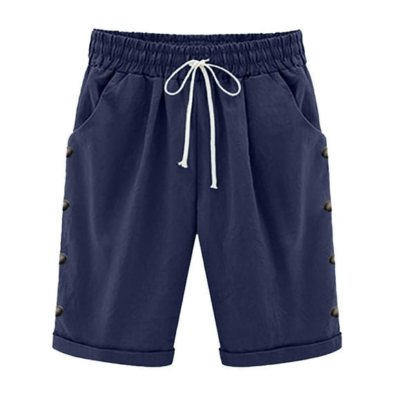 Jxximdong Cargo Shorts for Women, Knee Length Plus Size Summer Elastic Waist Beach Long Shorts with Pockets, Blue Women's Casual Shorts