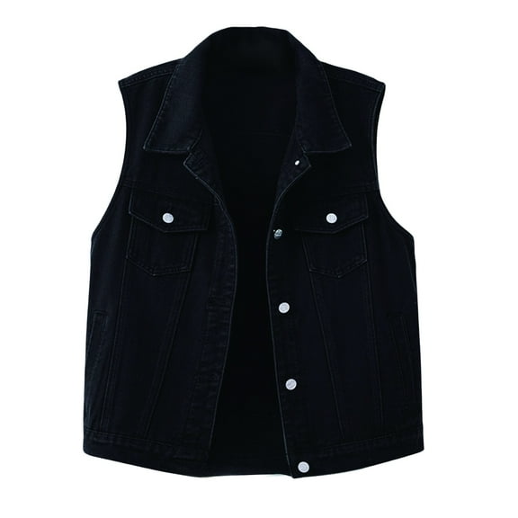 Jxximdong Casual Vests for Women, Casual Denim Vest Jacket Sleeveless Collared Distressed Jean Jacket Candy Color Slim Fit Ripped Coat, Women's Coats Black