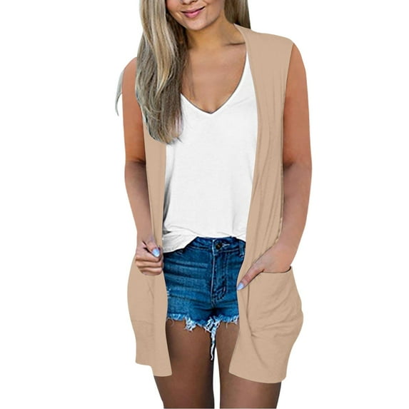 Jxximdong Fashion Coat for Women, Casual Solid Print V Neck Coat Open Front Lightweight Cardigan Sleeveless Loose Outwear with Pockets, Women's Coats Beige