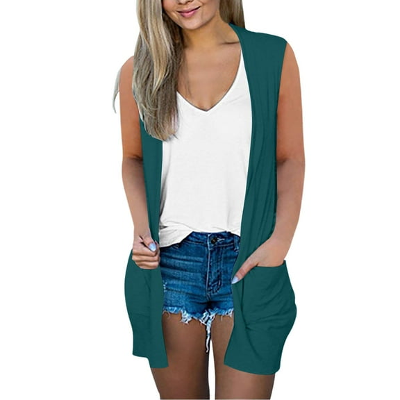 Jxximdong Fashion Coat for Women, Casual Solid Print V Neck Coat Open Front Lightweight Cardigan Sleeveless Loose Outwear with Pockets, Women's Coats Blue