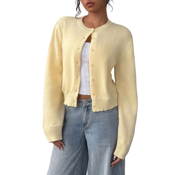 Jxximdong Fashion Coat for Women, Button Down Long Sleeve Crewneck Crop Cardigan Sweater Cute Knitwear Clothes, Women's Coats Yellow