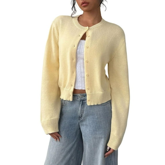 Jxximdong Fashion Coat for Women, Button Down Long Sleeve Crewneck Crop Cardigan Sweater Cute Knitwear Clothes, Women's Coats Yellow
