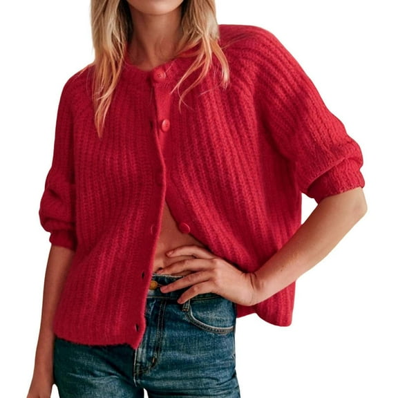 Jxximdong Fashion Coat for Women, Casual Long Sleeve Crewneck Button Down Cardigan Sweater Knit Outwear, Women's Coats Red