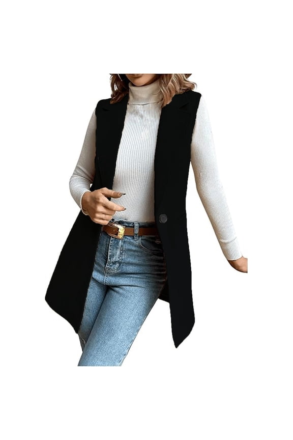 Fashion Coat for Women, Casual Notched Lapel Wool Blend Vest Western One Button Sleeveless Wool Jacket Coat, Women's Coats Black
