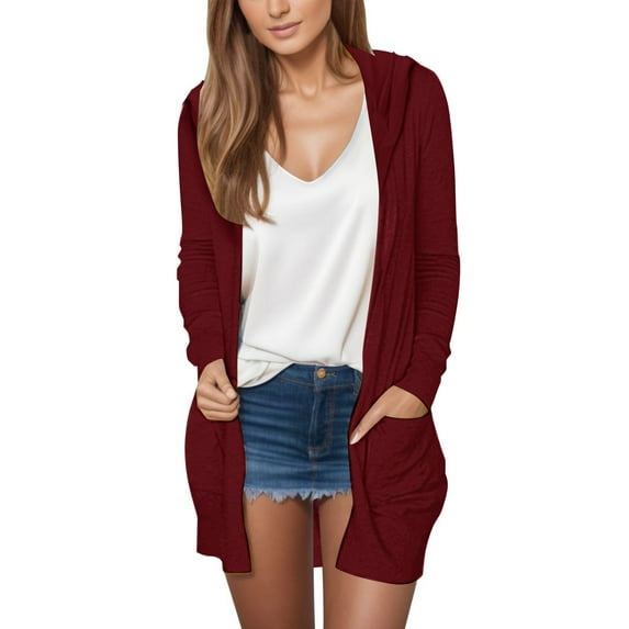 Jxximdong Fashion Coat for Women, Casual Solid Color Pocket Long Sleeve Top Hooded Cardigan Jacket, Women's Coats Red