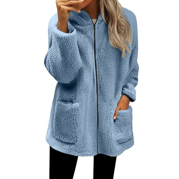 Jxximdong Fashion Coat for Women, Fleece Jacket Full Zip Soft Fleece Jacket Lightweight Long Sleeve Outerwear with Pockets, Women's Coats Blue
