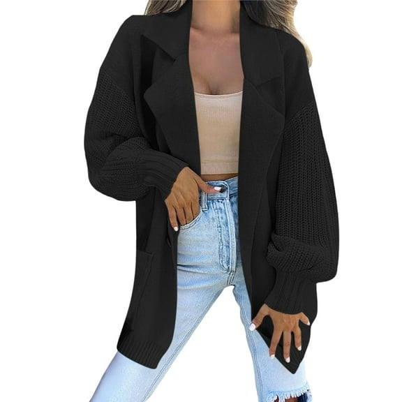 Jxximdong Fashion Coat for Women, Long Sleeve Collared Jacket Open Front Knit Cardigan Sweaters Oversized Coat with Pockets, Women's Coats Black