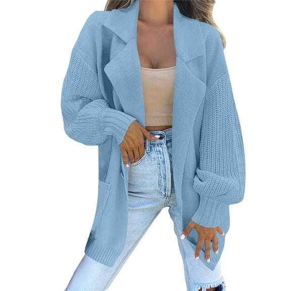 Jxximdong Fashion Coat for Women, Long Sleeve Collared Jacket Open Front Knit Cardigan Sweaters Oversized Coat with Pockets, Women's Coats Blue